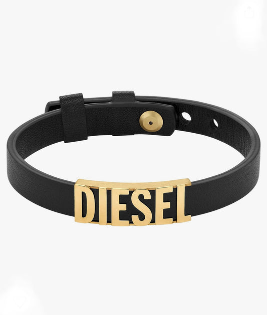 Diesel All-Gender Stainless Steel and Leather Bracelet, Color: Black Leather/Gold (Model:DX1440710)