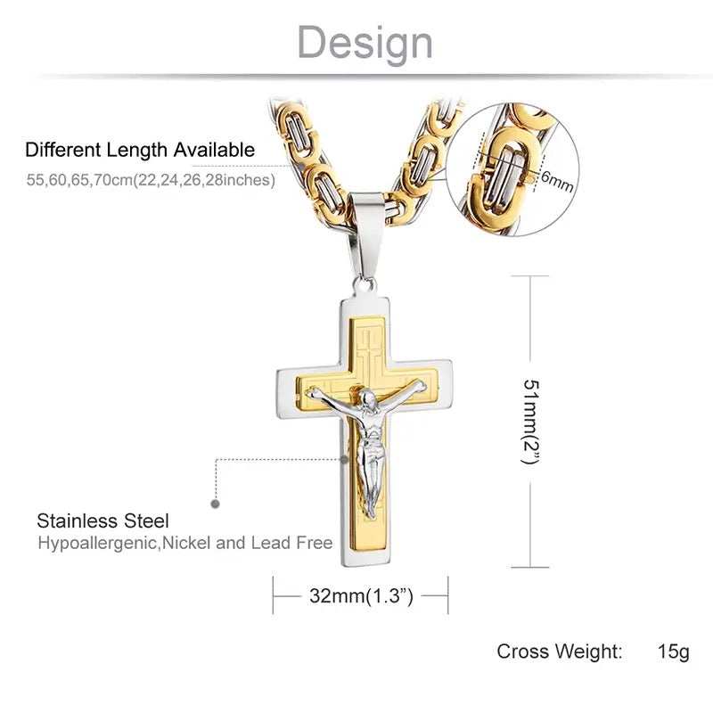 Crucifix Pendant With Byzantine Chain - Stainless Steel Men/Woman