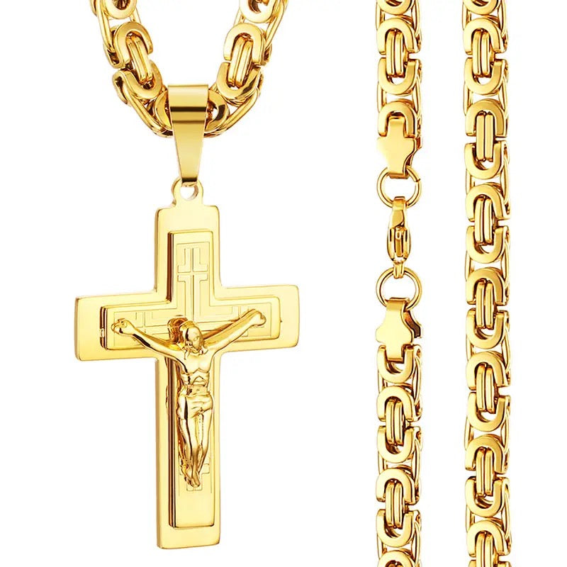 Crucifix Pendant With Byzantine Chain - Stainless Steel Men/Woman