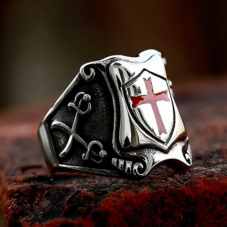 Vintage Knights Templar Cross Shield Rings for Men - Stainless Steel