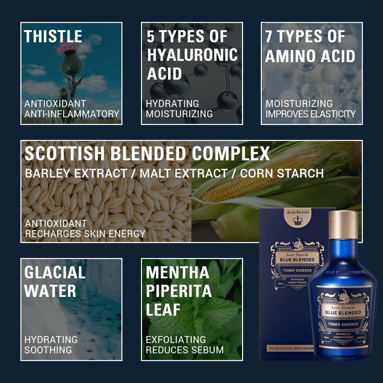 Scott Hamish Blue Blended Toner Essence - Men Facial Toner Essence with Hyaluronic Acid & Amino Acid - Hydrating Toner Restore Vitality – All in One Face Toner & Aftershave, 6.09 fl.oz.