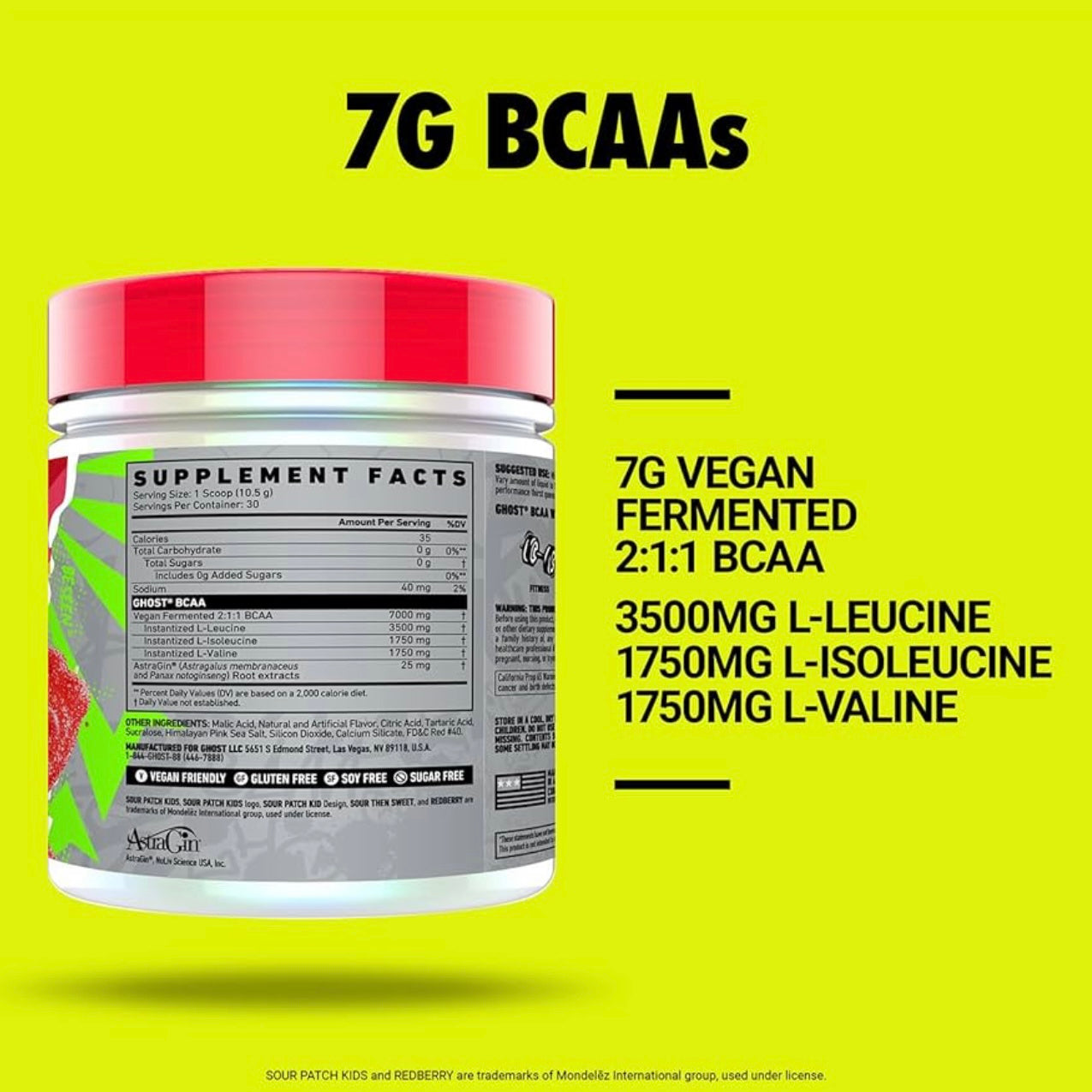 GHOST BCAA Powder Amino Acids Supplement, Sour Patch Kids Blue Raspberry - 30 Servings
